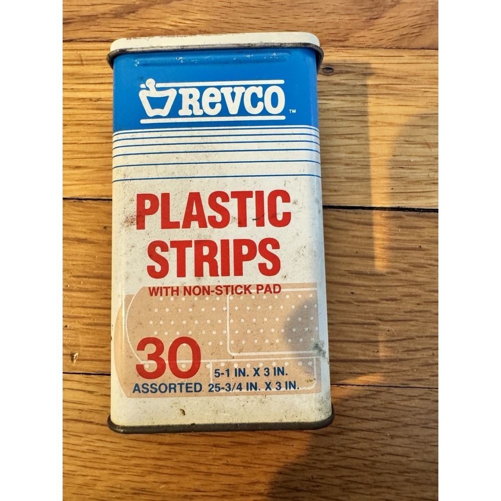 Vintage Revco Metal Band Aid Tin empty Ohio Prop Tv Movie Blue White Stripes